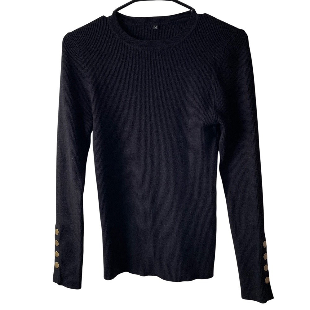 Women's Medium Black Ribbed Knit Crew Neck Sweater Gold Button Cuffs Minimalist - Picture 1 of 13